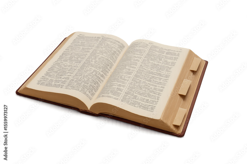 Obraz premium Open book showing text and index tabs on transparent background