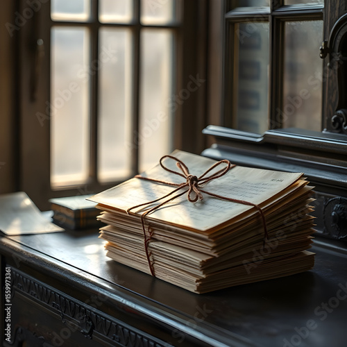 a stack of aged, handwritten letters tied with twine rests on an antique wooden desk