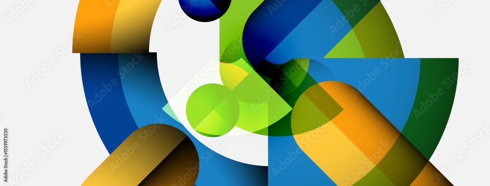 Abstract geometric shapes overlap, creating vibrant color blends. Composition feels dynamic, modern, visually engaging.