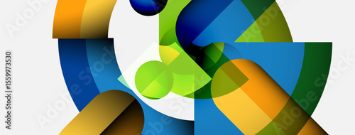 Abstract geometric shapes overlap, creating vibrant color blends. Composition feels dynamic, modern, visually engaging.