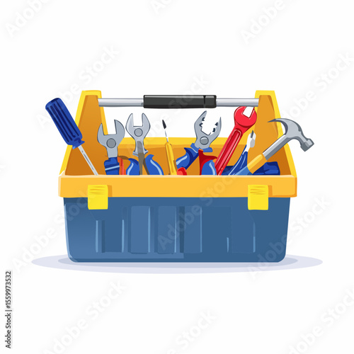 Handyman's Toolkit: An inviting illustration showcasing a robust, brightly colored toolbox, brimming with essential hand tools ready for any project or repair.