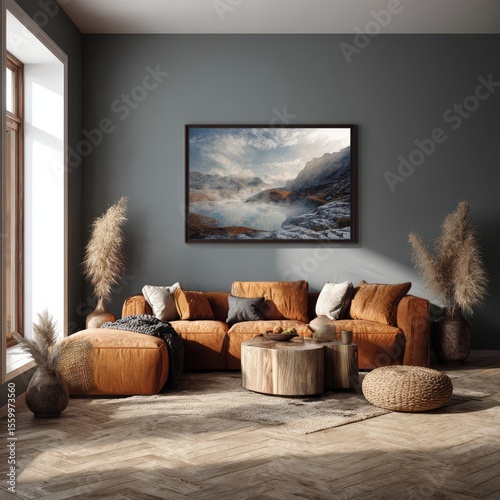 Serene living room interior with mountain landscape artwork. Perfect for home decor, websites, and print. Ideal for interior design, real estate, and travel publications.