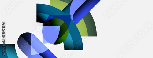 Abstract shapes overlap, creating dynamic composition. Blues, greens dominate neutral background. Modern design, flowing forms present.