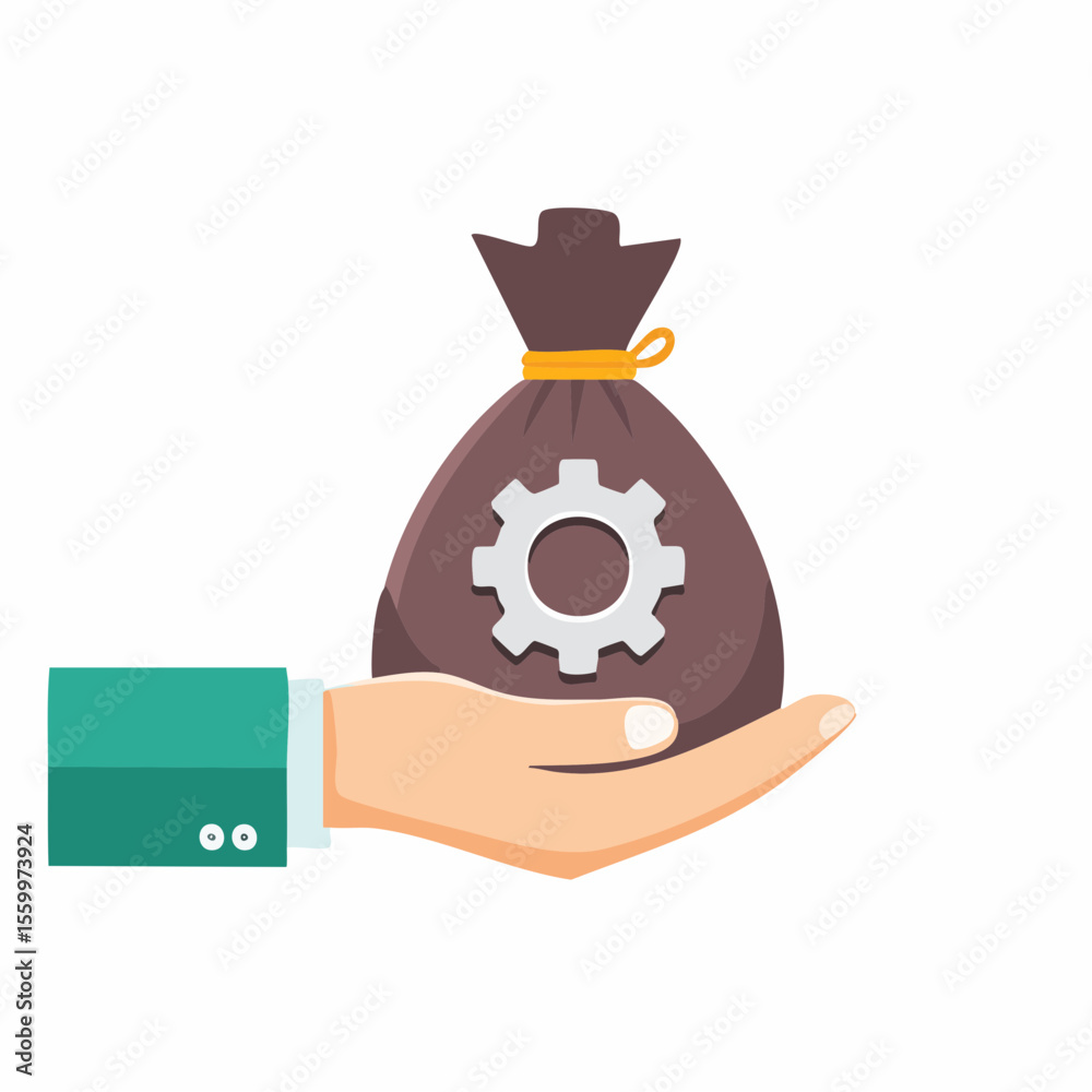 Fototapeta premium Hand of Innovation: An artistic illustration depicts a hand delicately holding a bag, emblazoned with a cogwheel emblem, symbolizing financial ingenuity.