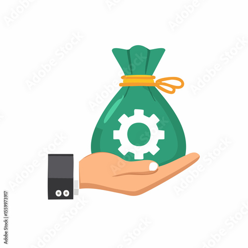 Investing in Progress: A conceptual illustration of a hand tenderly supporting a money bag bearing a cogwheel emblem, it suggests a focus on financial engineering and technical growth