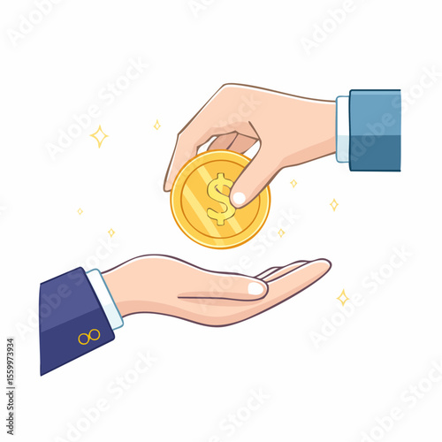 Coin Exchange: A detailed illustration of a person's hand offering a golden coin to another, symbolizing financial transactions, investment or monetary exchange. 