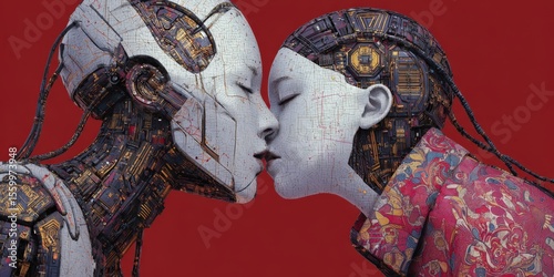 Futuristic robot couple kissing. Digital art, romance, technology. Ideal for tech, romance, and AI projects.