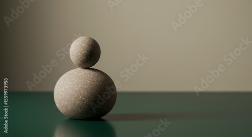 Two speckled stone spheres are stacked on a glossy green surface against a muted beige background.