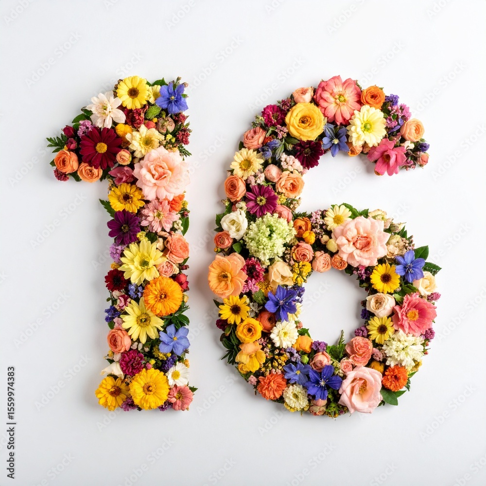 Number 16 made out of flowers with solid white background. Photo for sixteenth birthday or anniversary party Number 16 made out of flowers with solid white background. Photo for sixteenth birthday or anniversary party