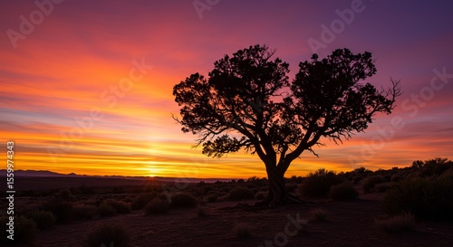 A silhouetted tree stands against a vibrant sunrise/sunset. Warm hues blend into cooler tones in the sky, over a scrubby landscape.