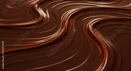 Close-up of dark brown, smooth, undulating chocolate. The surface reflects light, creating lighter brown streaks across the waves.