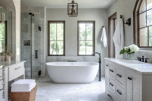 A bathroom in the transitional style that expertly combines parts of the old and new, A stylish bathroom showcasing a mix of classic and contemporary design, with refined details and modern amenities