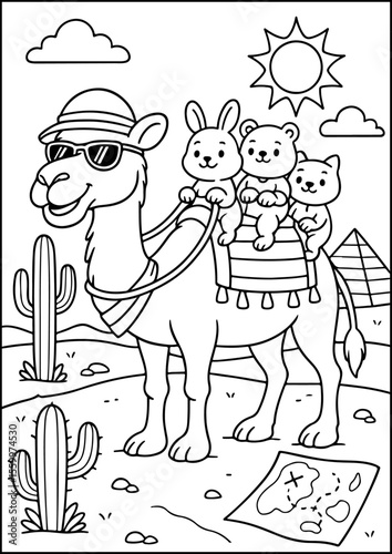 coloring book page, Anthropomorphic Animals, This cheerful camel leads desert tours with fun facts and a smile!