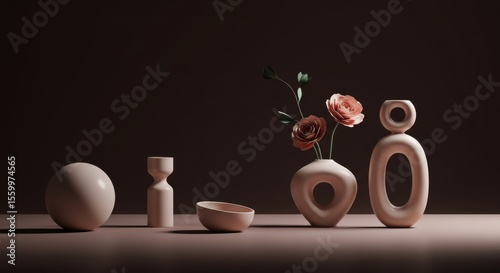 Still life with sculptural vases, bowl, sphere, and flowers, in muted pink tones against a dark backdrop.