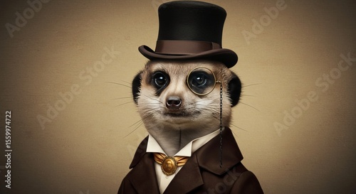Portrait of a meerkat dressed in a formal suit, top hat, and monocle against a plain tan background