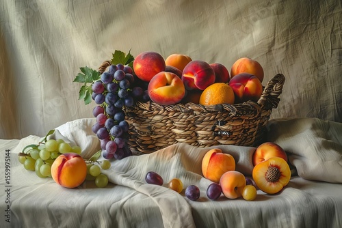 Still life with peaches, grapes, plums, and an orange in a woven basket on draped cloths. Warm lighting.