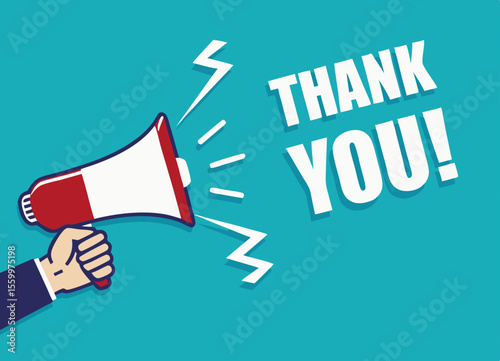 Thank you. Hand hold megaphone. Flat style. Vector illustration