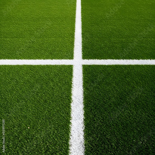 a green grass field with a thick white line running horizontally across the center.  wallpaper,  Thick horizontal white painted line is running across green grass turf in flat vector illustration