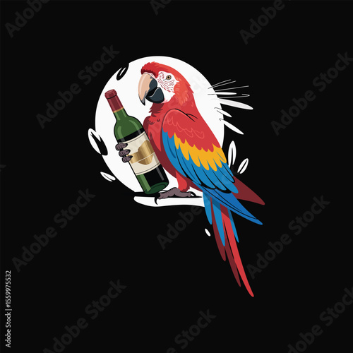 Colorful macaw parrot holding a wine bottle isolated on transparent background