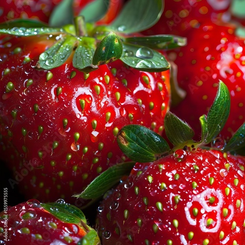 Close-up of several ripe red strawberries with green leaves, covered in water droplets, creating a fresh and vibrant image.