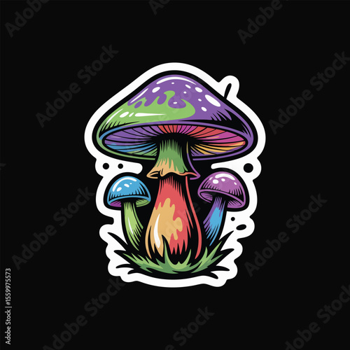 Vibrant psychedelic mushrooms with colorful caps and stems isolated on transparent background