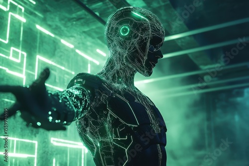 A bio-enhanced human in a futuristic environment with advanced tech implants, A futuristic scene features a bio-enhanced human with advanced tech implants, surrounded by cutting-edge technology