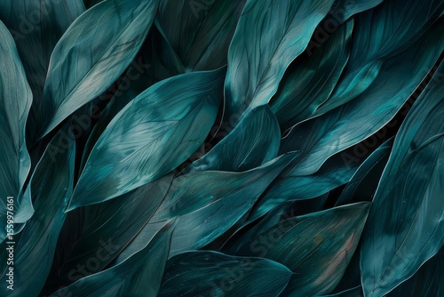 Close-up of densely packed, overlapping, elongated, teal-colored leaves with visible veins and varying shades.