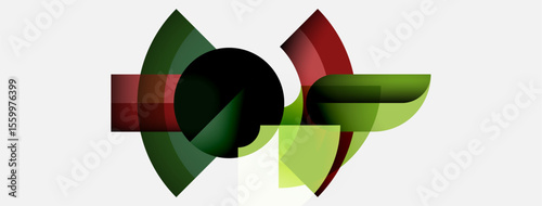 Abstract shapes overlap, creating dynamic composition. Green, red, black hues dominate design. Minimalist style, modern aesthetic.