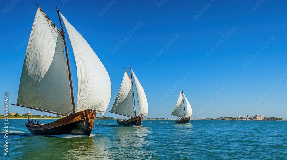 Naklejka premium Vintage sailing boats on tranquil water