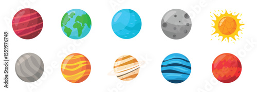 Space exploration and astronomy icon collection featuring all planets and the sun in colorful cartoon style