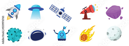 Outer space and asteroid exploration icon collection featuring rocket, UFO, satellite, meteor, and telescope in vibrant cartoon style