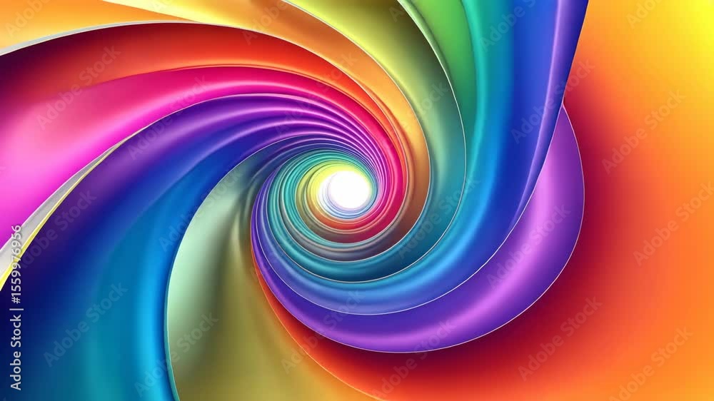 Looping rainbow spiral tunnel rotating to white core in abstract animation, creating sense of depth