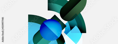 Abstract shapes overlap, creating dynamic composition. Blue, teal hues dominate white background. Modern design elements present.