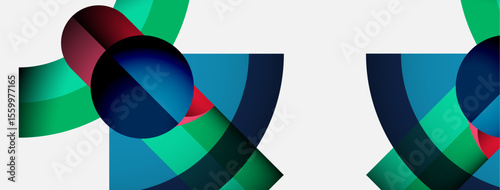 Abstract composition features overlapping colorful shapes. Gradient hues blend, creating dynamic visual effect. Modern design, clean aesthetic.