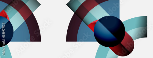 Abstract geometric composition. Overlapping circles, arcs create dynamic visual rhythm. Cool blues contrast warm reds, white background.