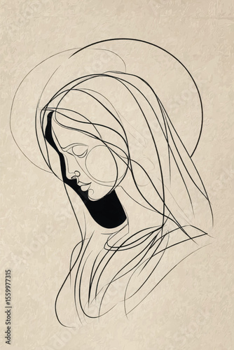 Elegant line art depicts Virgin Mary with halo on a textured background