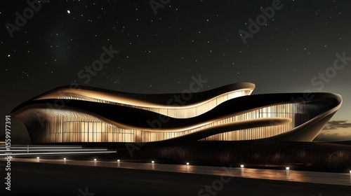 Modern, curved building at night, lit gold