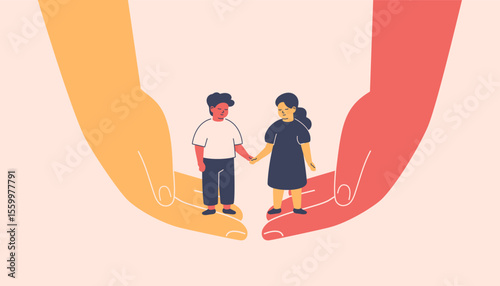 multicultural friendship between children. international education. girl and boy hold hands and adults support them. Care, help, love concept. vector illustration