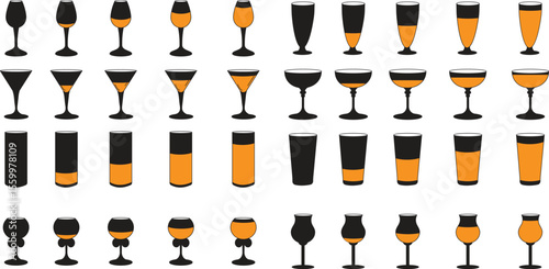 Set of drink icons featuring wine glass silhouette cocktail beer champagne martini cup vector design for bar party beverage collection