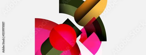 Abstract composition featuring overlapping colorful shapes. Pink, red, orange, green hues dominate white background. Modern design elements present.