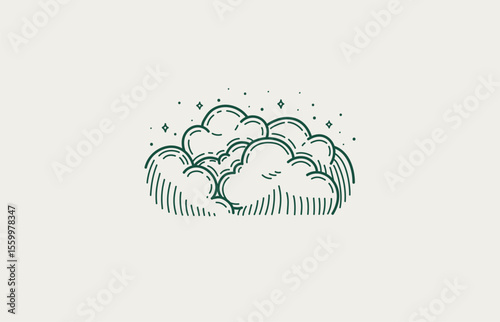 Line sketch of a lush cloud. Engraving style, logo. Vector illustration of a cloud