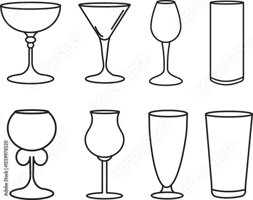 Set of wine glasses and drink icons vector collection for bar party and restaurant design