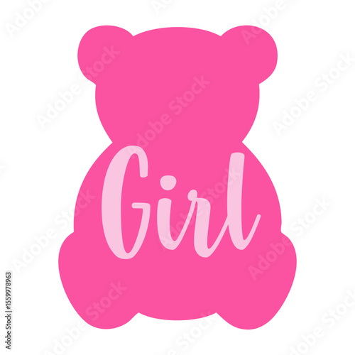 Anuncio de llegada de bebé niño. Palabra girl en texto manuscrito en silueta de oso de peluche color rosa