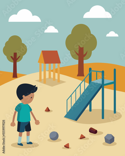 A playground empty except for a lone child with their head down as faceless bullies swing and throw rocks at them from a distance.. Vector illustration