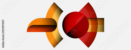 Abstract design features curved shapes, warm colors. Red sphere contrasts orange elements, creating dynamic composition. Minimalist style.