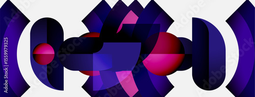 Abstract geometric shapes, purple hues dominate design. Central form suggests stylized flower or heart. Modern, digital aesthetic.