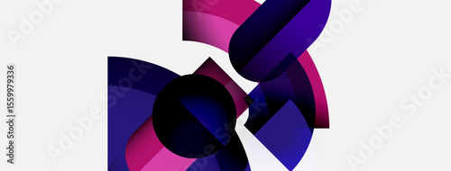 Abstract shapes overlap, creating vibrant pinks, purples, blues. Modern design, clean background, dynamic composition.