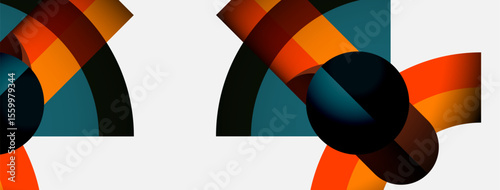 Abstract composition features overlapping circular segments. Colors include orange, teal, brown, black, white. Minimalist design evokes modern art style.