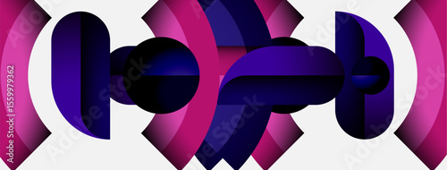 Abstract design features layered purple shapes. Gradient colors create depth, resembling stylized dumbbells or connected forms. Minimalist aesthetic.