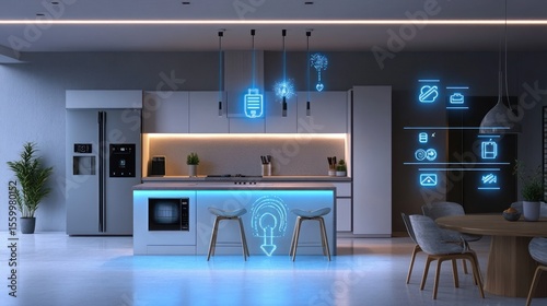 Smart kitchen with interactive elements.  Modern, connected kitchen featuring illuminated, interactive controls and appliances.  Integrated technology visible as holographic icons